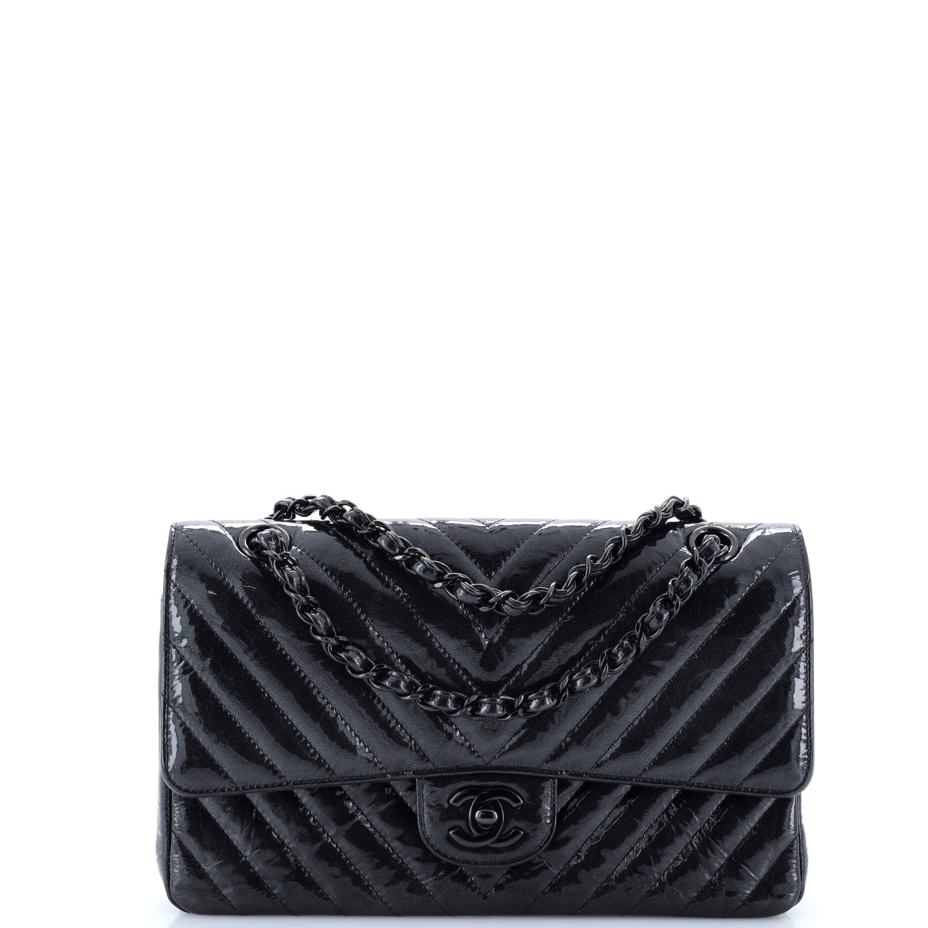 So Black Classic Double Flap Bag Chevron Crinkled Patent Medium