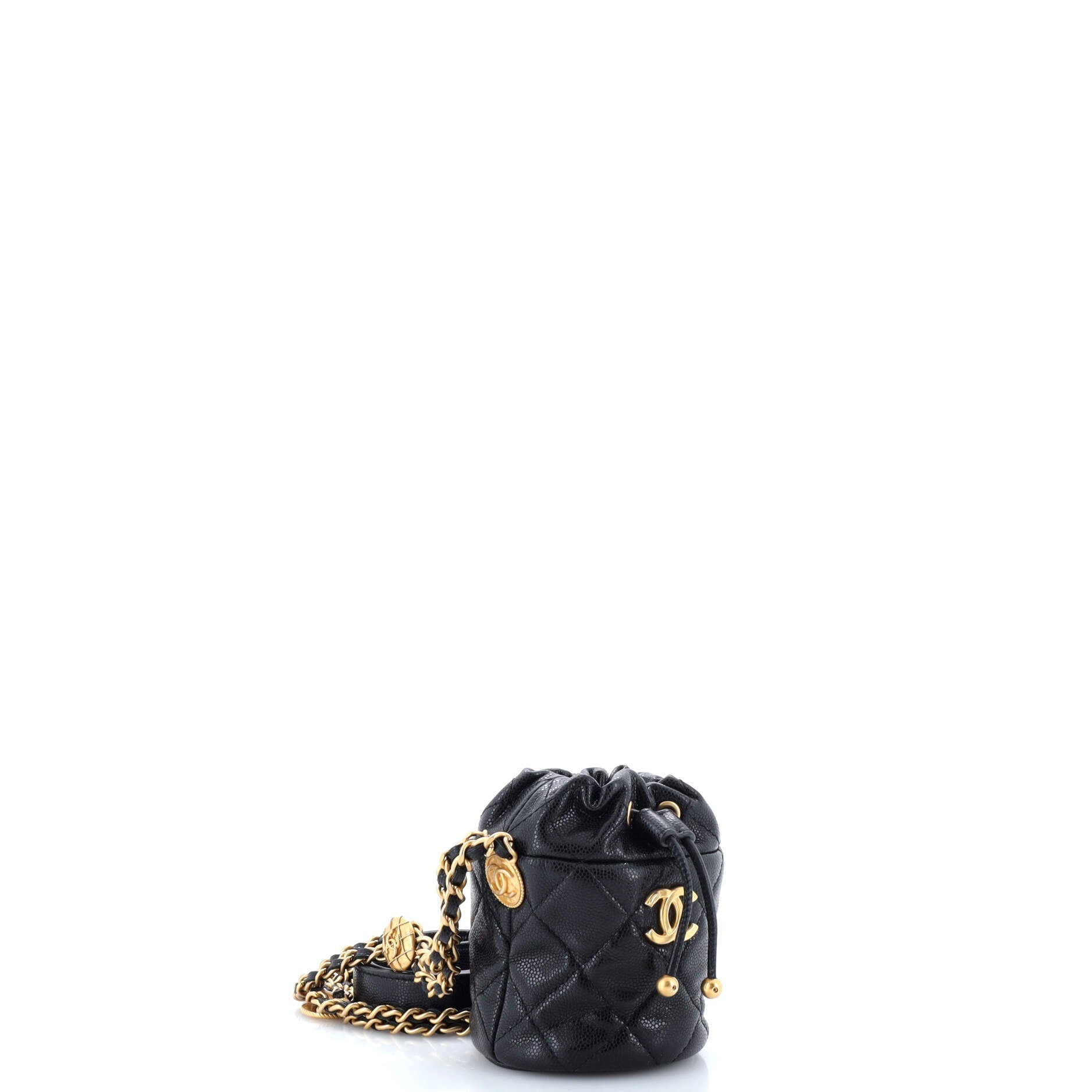 Twist Your Buttons Drawstring Bucket Bag Quilted Caviar Mini