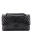 So Black Classic Double Flap Bag Chevron Crinkled Patent Medium
