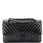 So Black Classic Double Flap Bag Chevron Crinkled Patent Medium