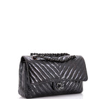 So Black Classic Double Flap Bag Chevron Crinkled Patent Medium