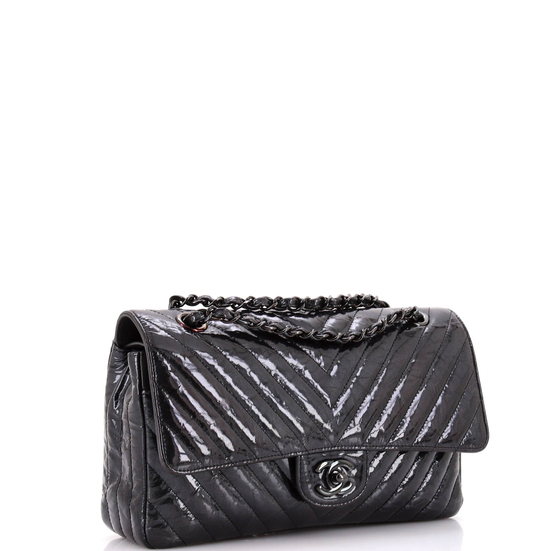 So Black Classic Double Flap Bag Chevron Crinkled Patent Medium