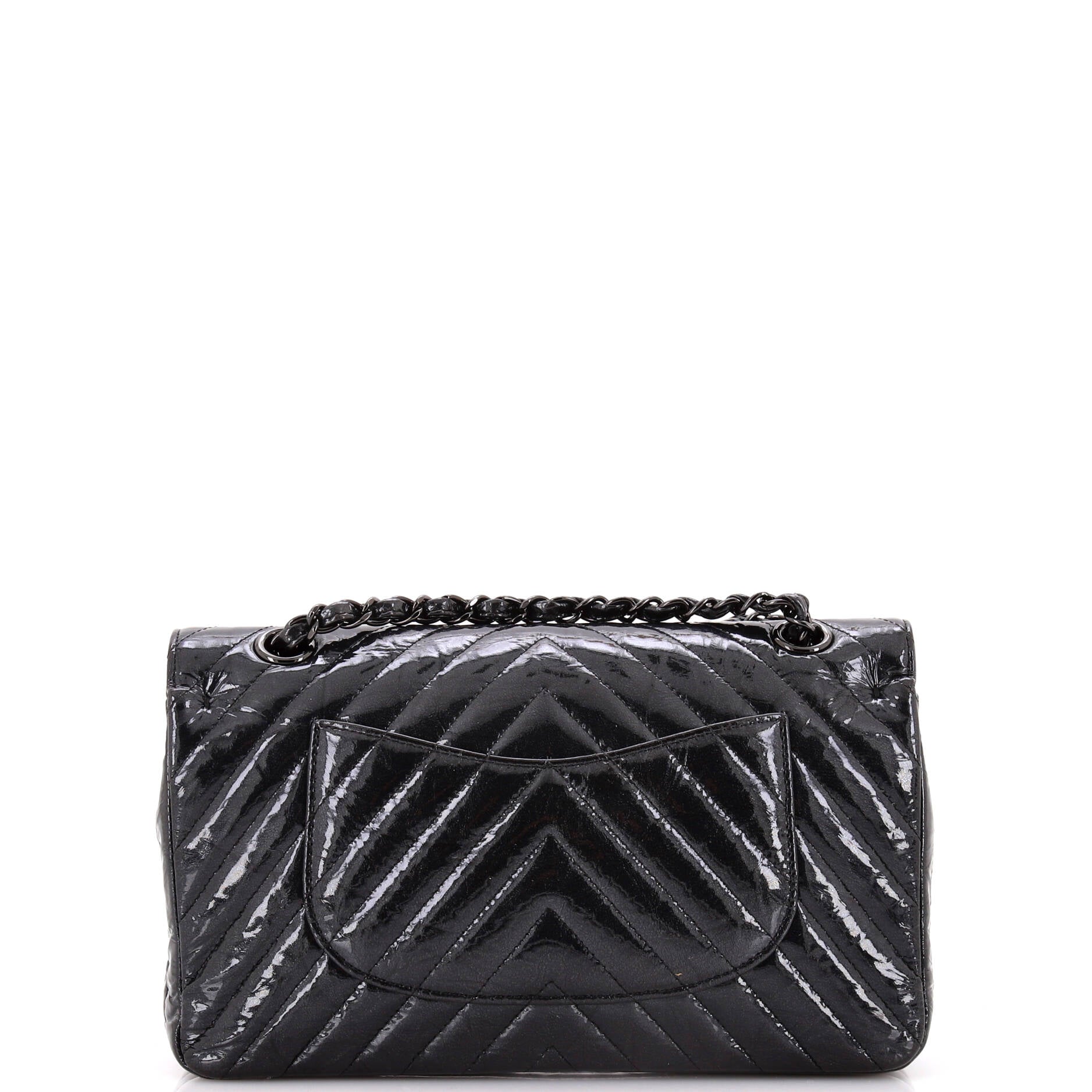 So Black Classic Double Flap Bag Chevron Crinkled Patent Medium