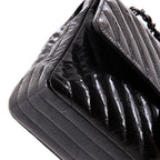So Black Classic Double Flap Bag Chevron Crinkled Patent Medium