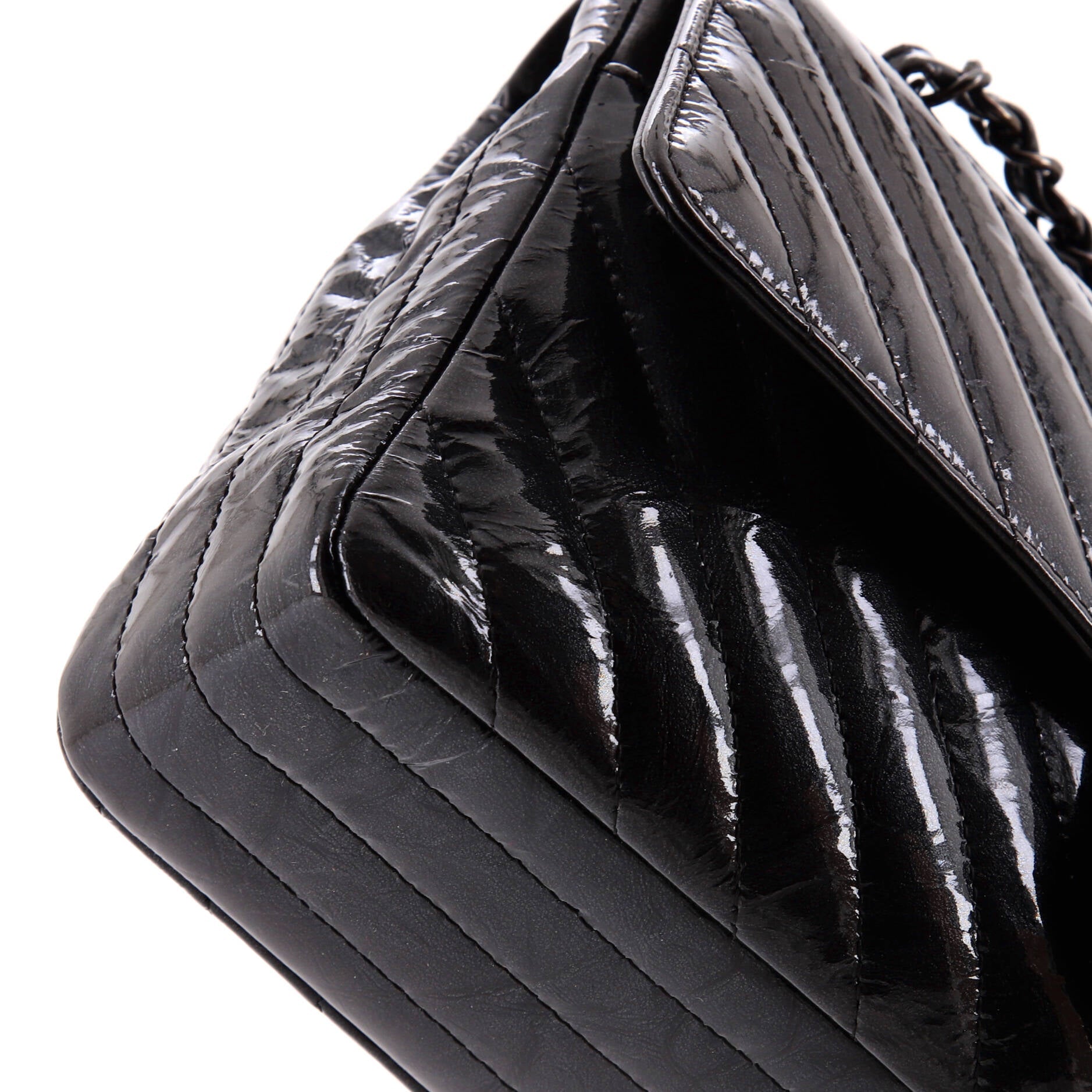 So Black Classic Double Flap Bag Chevron Crinkled Patent Medium