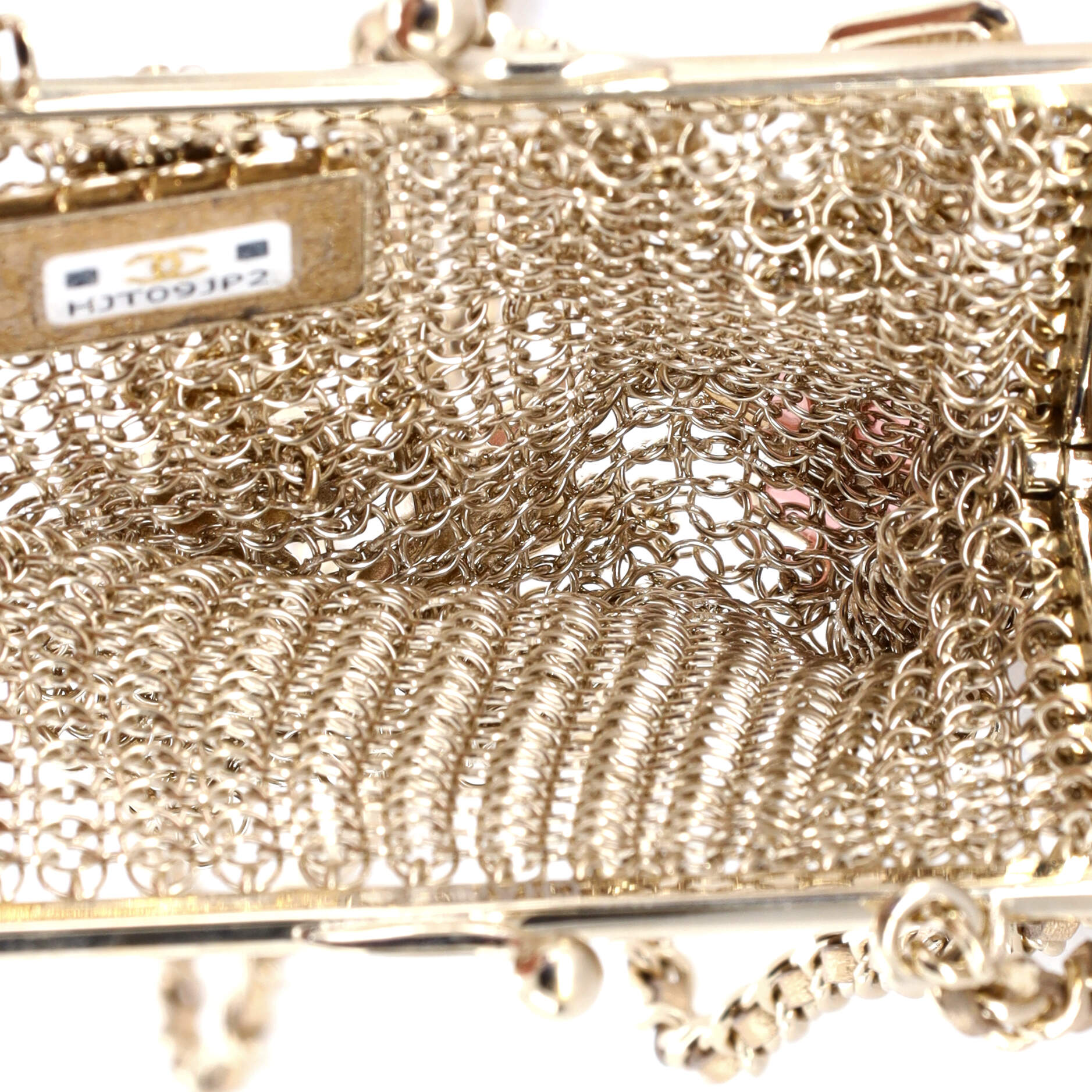 CC Charm Kisslock Frame Clutch with Chain Embellished Metal Mesh Mini