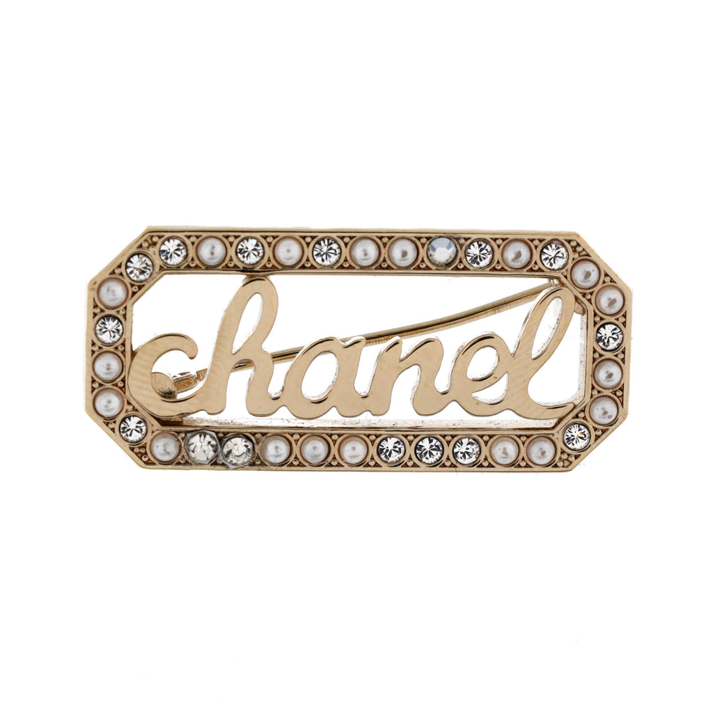 Swirling Logo Brooch Metal with Crystal and Faux Pearls