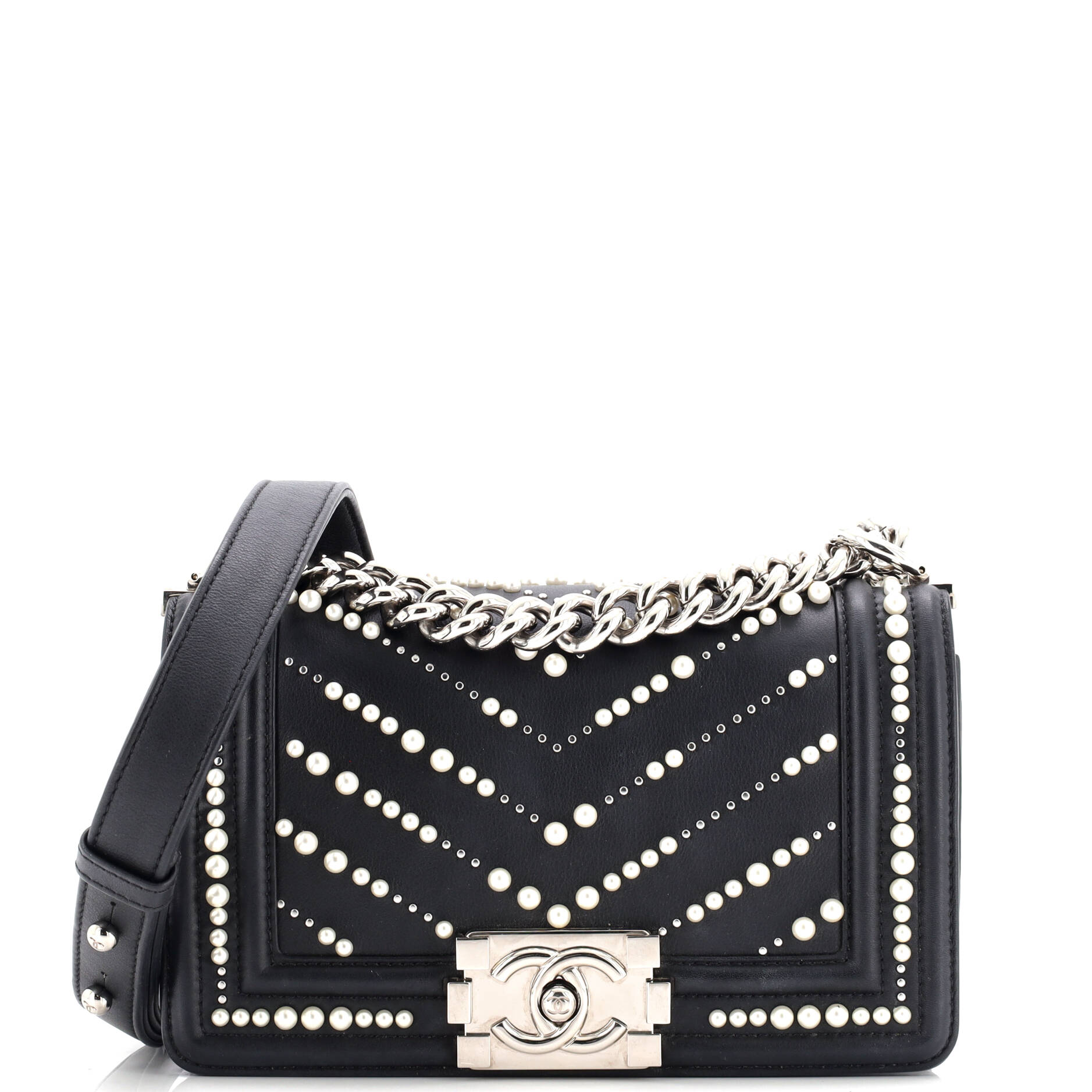 Boy Flap Bag Pearl Embellished Chevron Calfskin Small