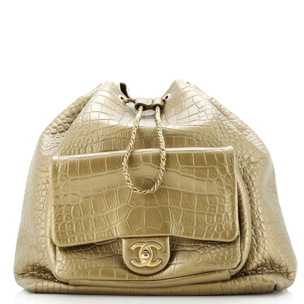 Drawstring Backpack Crocodile Embossed Calfskin Large