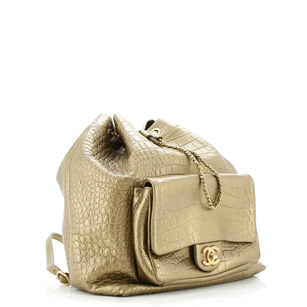 Drawstring Backpack Crocodile Embossed Calfskin Large
