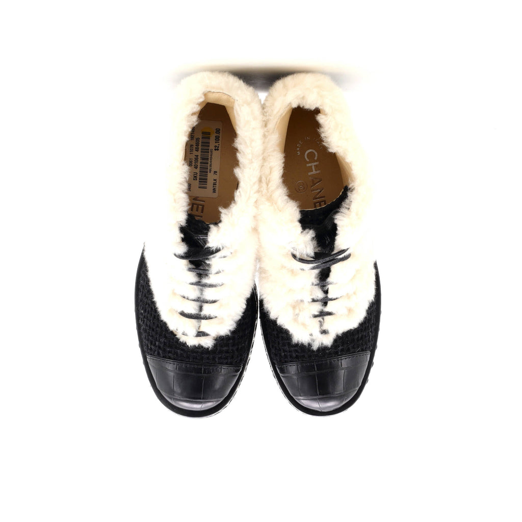 Women's Chain Sole Cap Toe Lace Up Ankle Boots Tweed and Fur with Leather