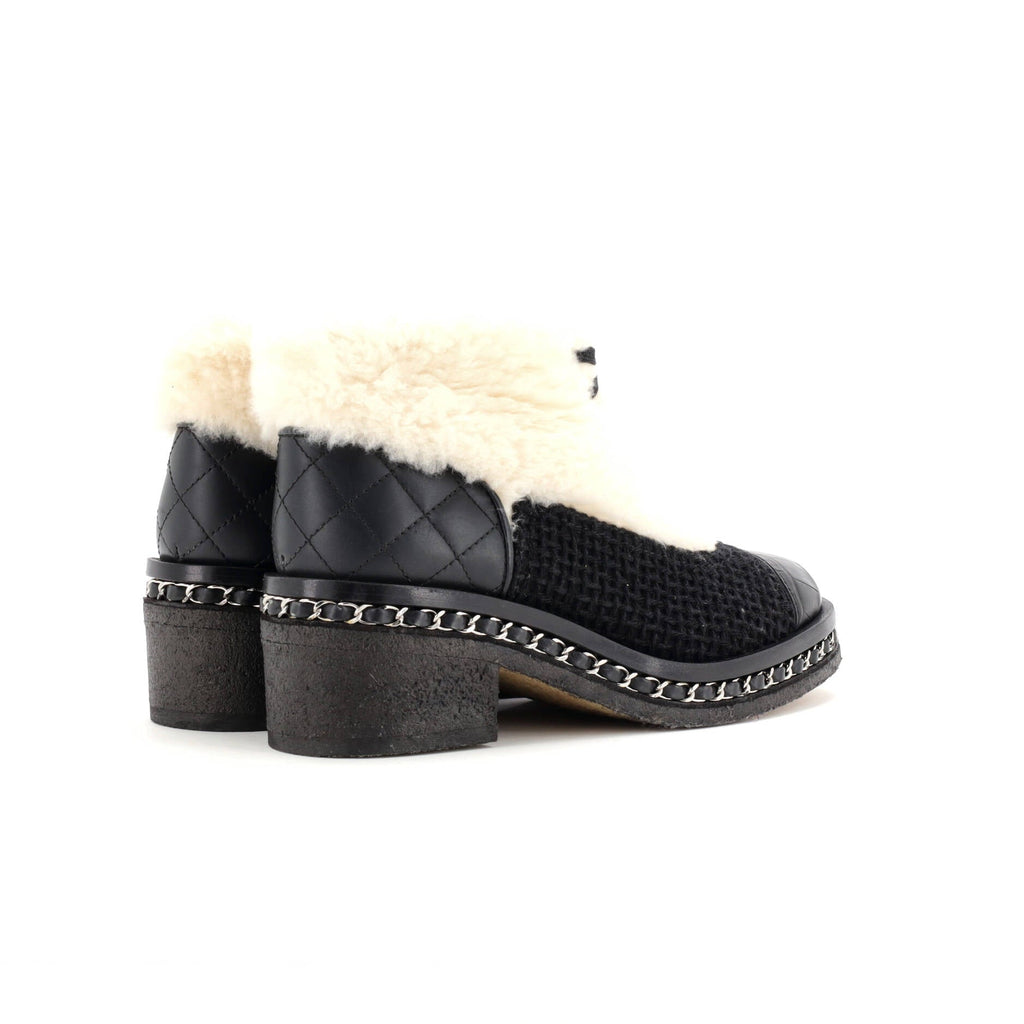 Women's Chain Sole Cap Toe Lace Up Ankle Boots Tweed and Fur with Leather