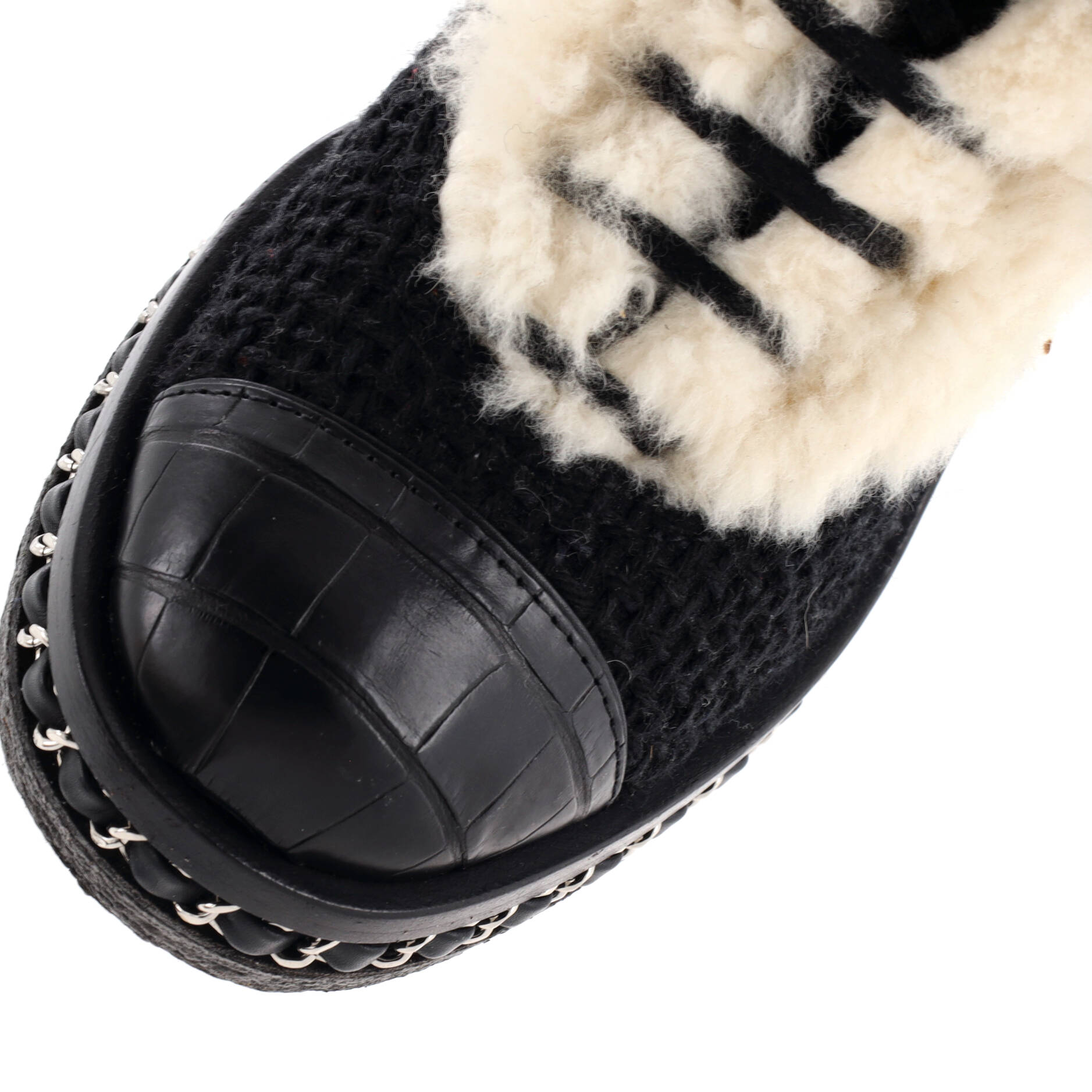 Women's Chain Sole Cap Toe Lace Up Ankle Boots Tweed and Fur with Leather