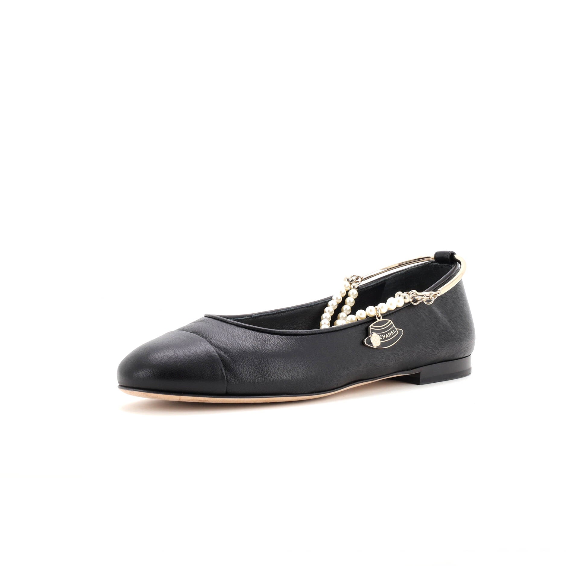 Women's Cap Toe Ankle Chain Ballerina Flats Leather with Faux Pearls