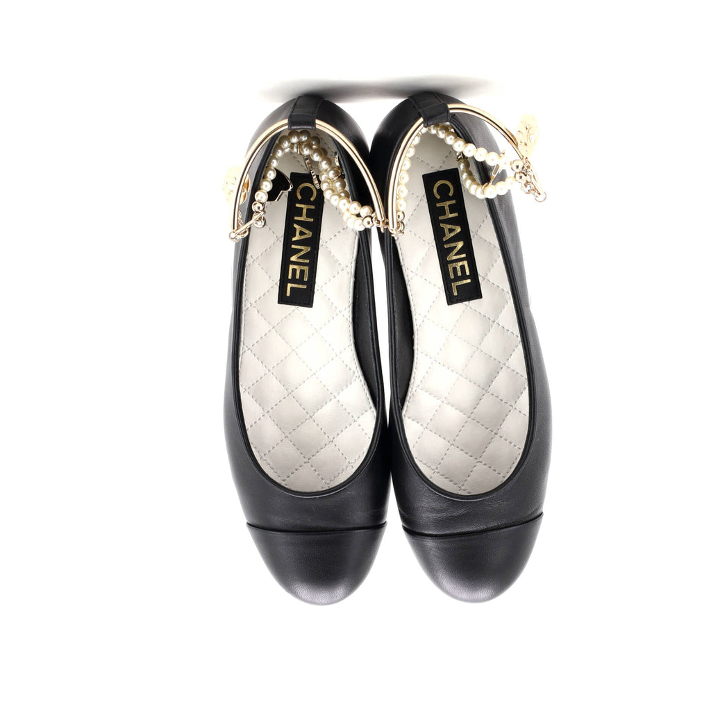 Women's Cap Toe Ankle Chain Ballerina Flats Leather with Faux Pearls