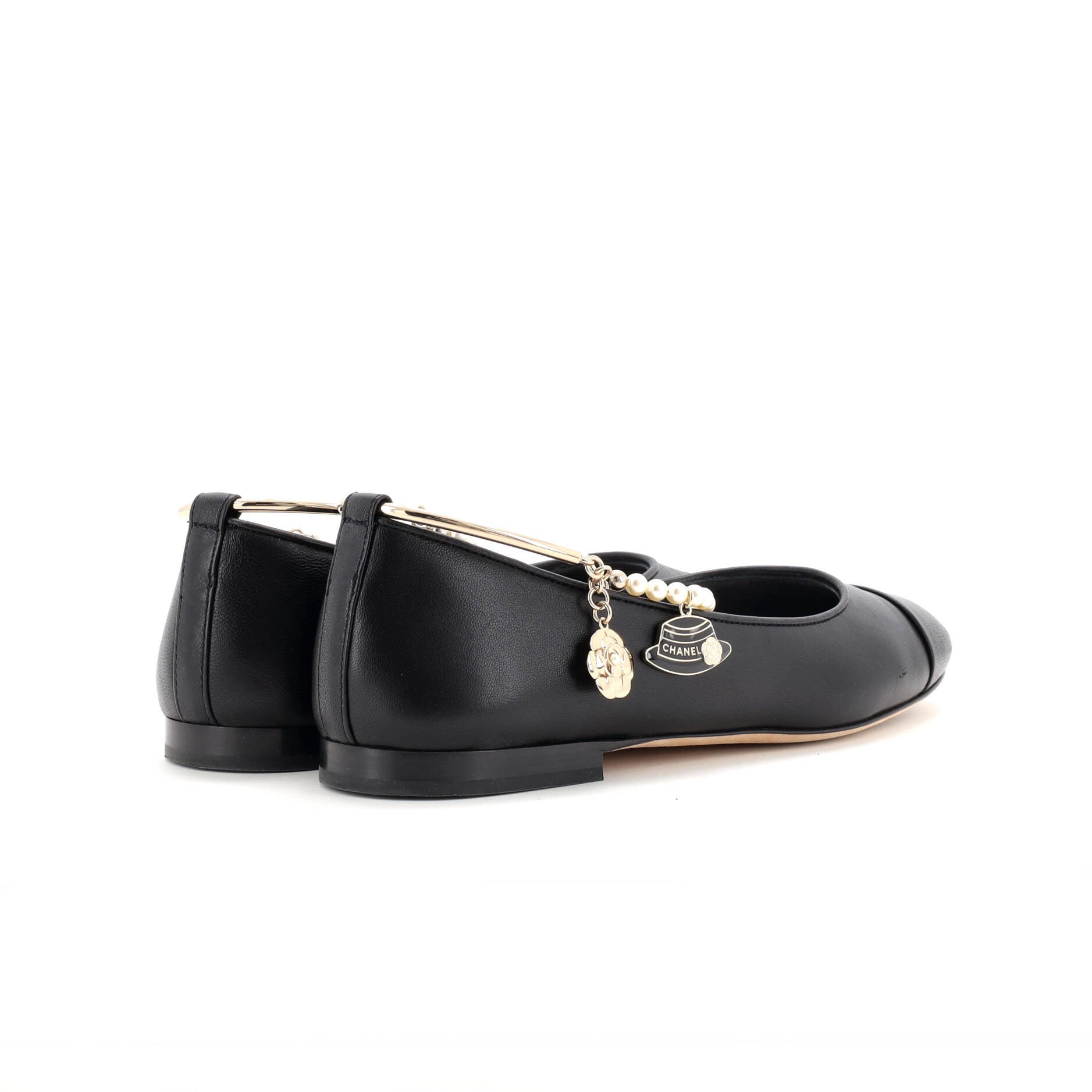 Women's Cap Toe Ankle Chain Ballerina Flats Leather with Faux Pearls