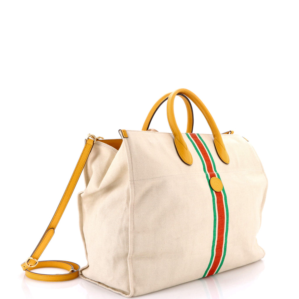 Foldable Web Tote Canvas with Leather Large