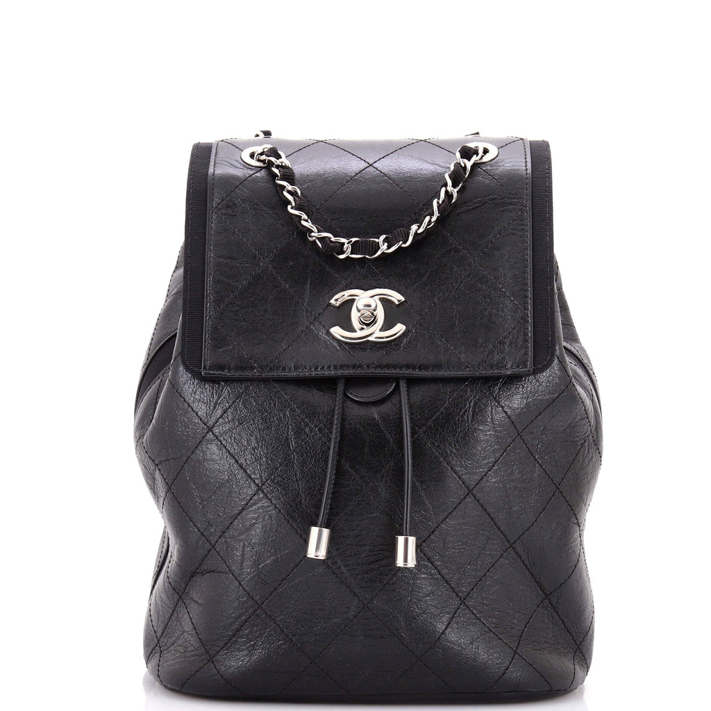 Drawstring CC Flap Backpack Quilted Aged Calfskin and Grosgrain Small