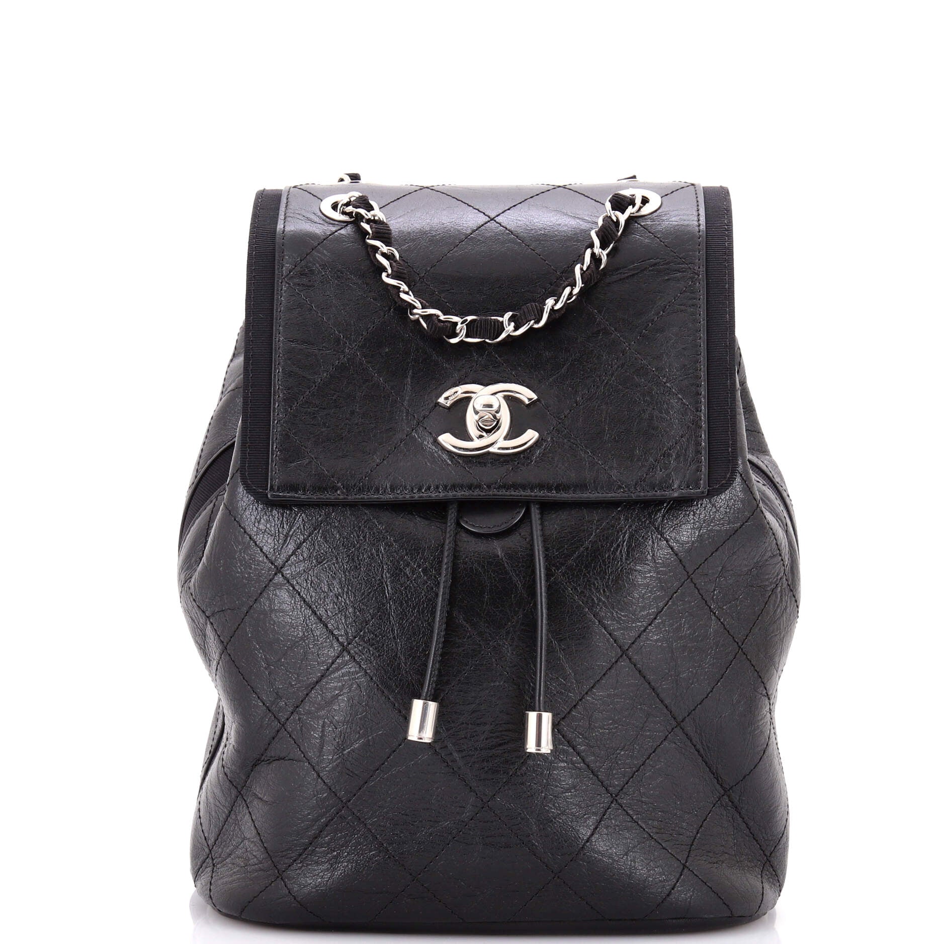 Drawstring CC Flap Backpack Quilted Aged Calfskin and Grosgrain Small